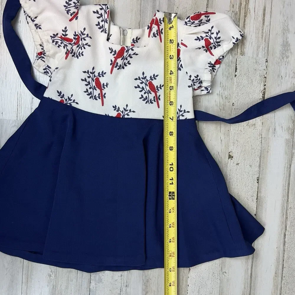 Vintage Handmade Girls Navy Coat & Bird‑Print Dress Set